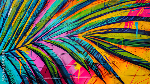 Street art mural with palm leaf in neon colors on brick wall, blending tropical motifs with urban graffiti style. Concept of creative expression, modern art culture, and energetic summer aesthetics