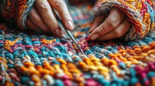 Close-up of woman's hands knitting with colorful yarn.