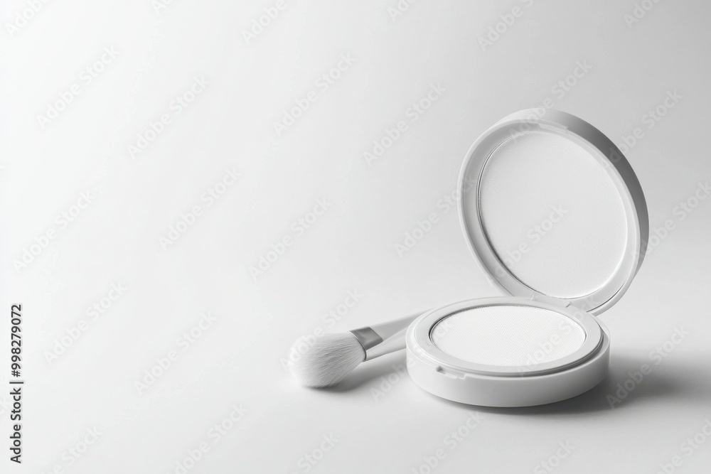 An elegant compact powder case lies open with a soft brush beside it. The minimalistic design is set against a white background, creating a clean, sophisticated look. Blank space is available for text An elegant compact powder case lies open with a soft brush beside it. The minimalistic design is set against a white background, creating a clean, sophisticated look. Blank space is available for text