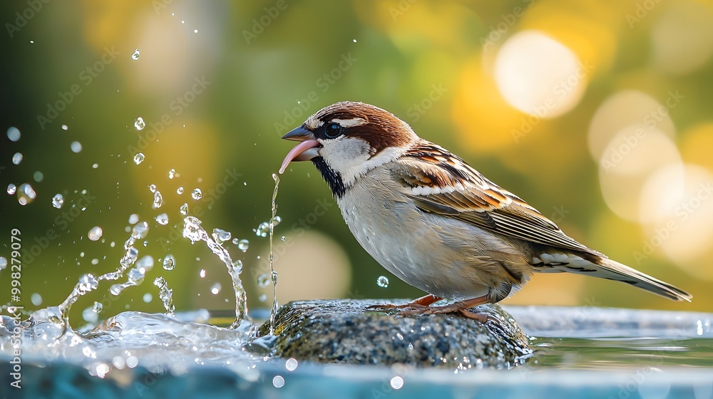 Obraz premium A sparrow drinking water on a sunny day amidst splashes and bokeh background.