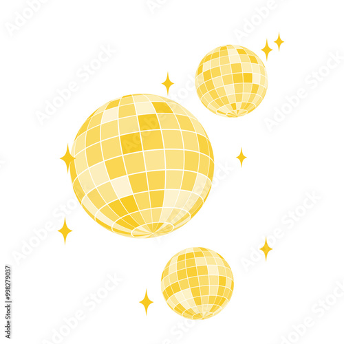 Set of gold discoball icons. Golden disco party mirrorballs in retro 70s 80s 90s retro discotheque style. Shining night club globes. Nightlife, holiday or fun symbols.
