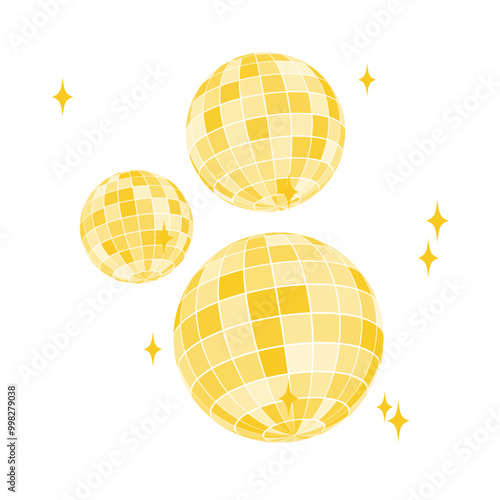 Set of gold discoball icons. Golden disco party mirrorballs in retro 70s 80s 90s retro discotheque style. Shining night club globes. Nightlife, holiday or fun symbols.
