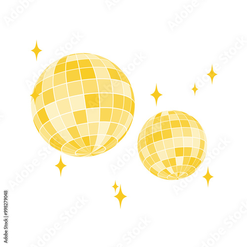 Set of gold discoball icons. Golden disco party mirrorballs in retro 70s 80s 90s retro discotheque style. Shining night club globes. Nightlife, holiday or fun symbols.
