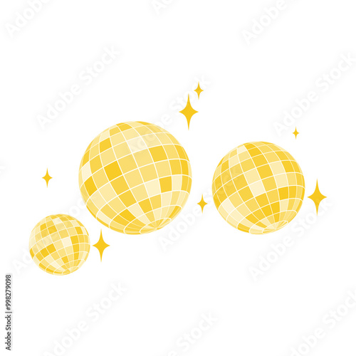 Set of gold discoball icons. Golden disco party mirrorballs in retro 70s 80s 90s retro discotheque style. Shining night club globes. Nightlife, holiday or fun symbols.
