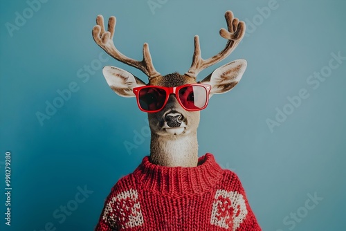 New Year themed deer in sunglasses, vibrant studio photography.