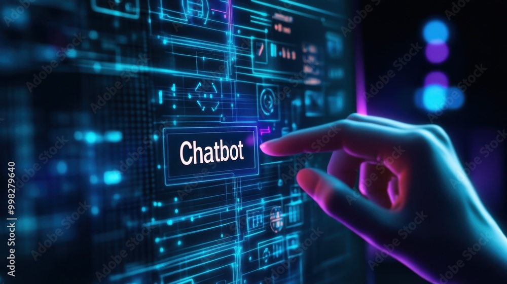 Hand touching a computer screen displaying a chatbot interface with the text Hand touching a computer screen displaying a chatbot interface with the text