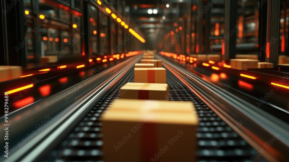 3D rendering of a conveyor belt carrying packed boxes 3D rendering of a conveyor belt carrying packed boxes