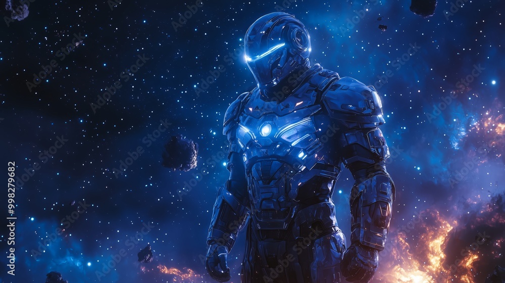 Futuristic Warrior in Glowing Armor in Space Futuristic Warrior in Glowing Armor in Space