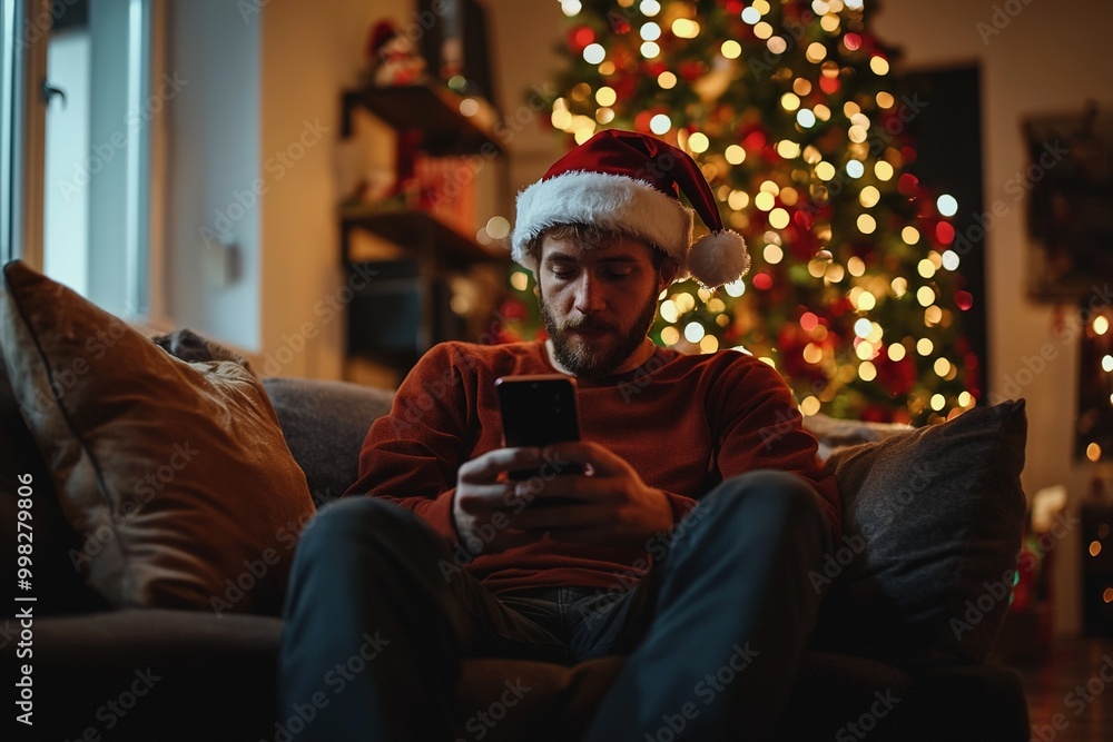 Happy man wearing Santa's hat sitting on a sofa in cozy livingroom and Using Smartphone. Christmas tree in background. Generative Ai Happy man wearing Santa's hat sitting on a sofa in cozy livingroom and Using Smartphone. Christmas tree in background. Generative Ai