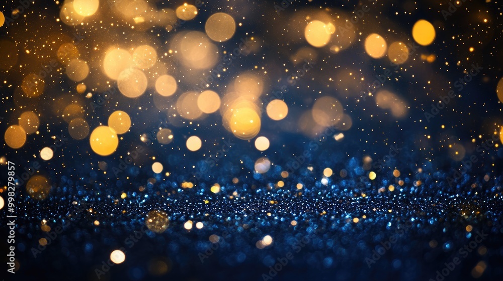 Abstract background featuring dark blue and gold particles with a shimmering effect Bokeh of golden lights creating a festive atmosphere on a navy blue canvas Gold foil texture included Abstract background featuring dark blue and gold particles with a shimmering effect Bokeh of golden lights creating a festive atmosphere on a navy blue canvas Gold foil texture included