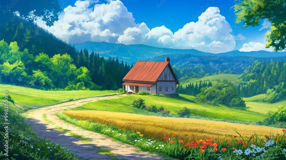 Obraz premium A charming cottage with a red roof sits on a hillside overlooking a rolling green field