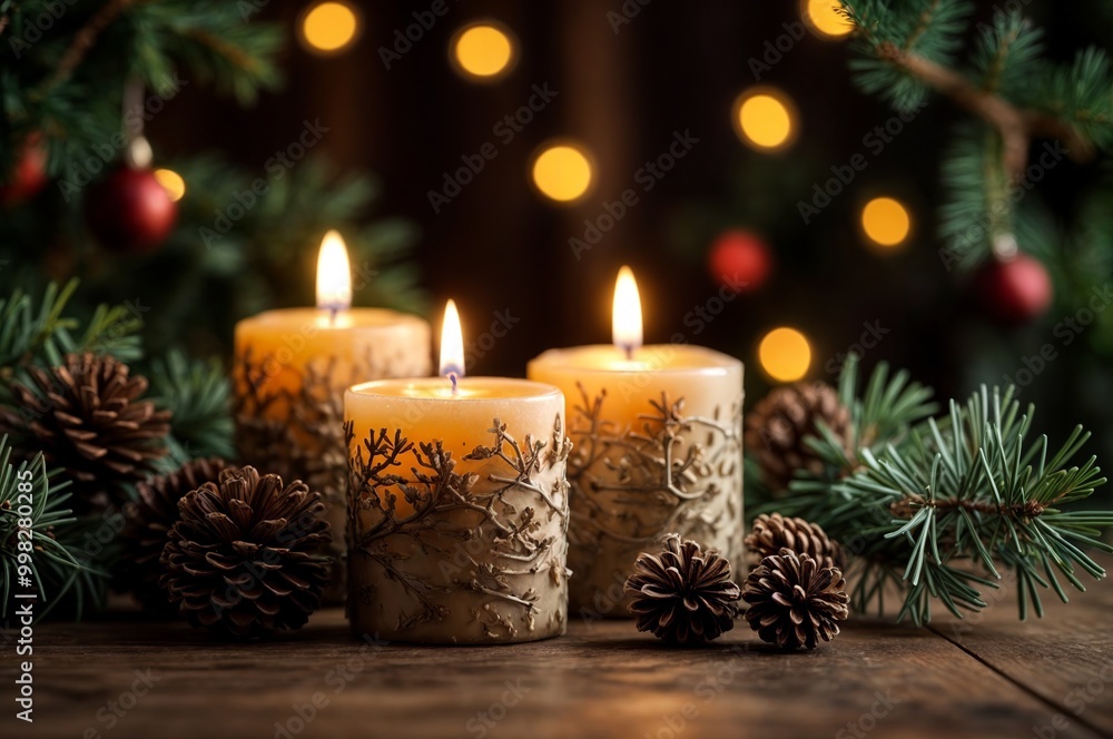 Festive Holiday Candles with Warm Lighting and Christmas Decor Festive Holiday Candles with Warm Lighting and Christmas Decor