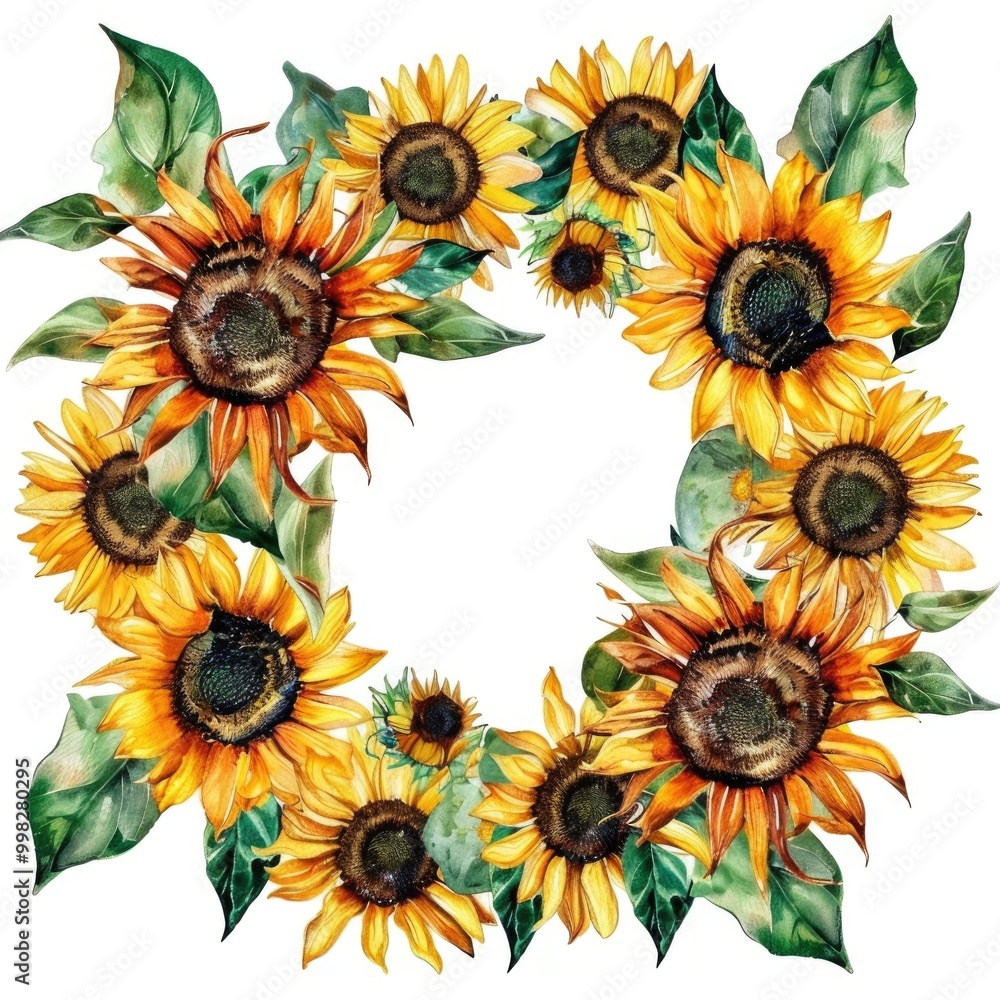 Bright Sunflower Wreath on White Background. Vibrant Summer Floral Design Bright Sunflower Wreath on White Background. Vibrant Summer Floral Design