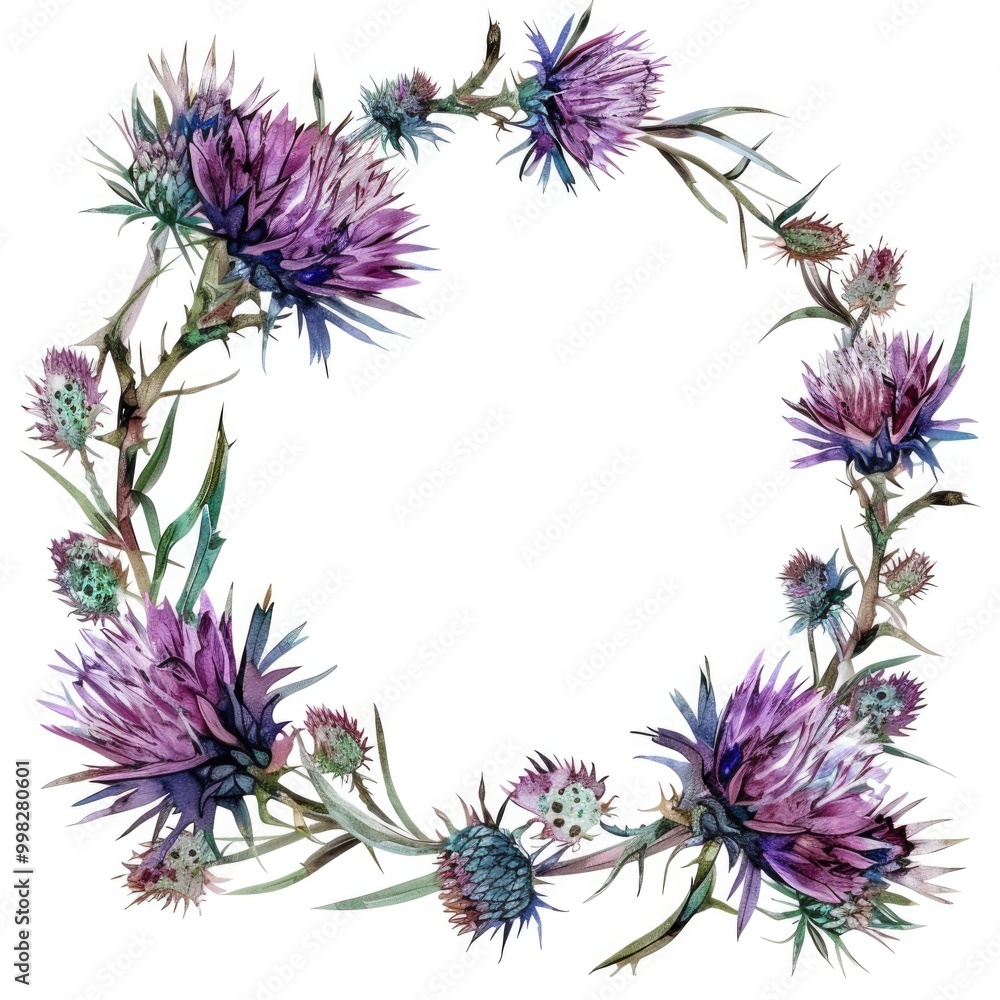 Watercolor Thistle Wreath Illustration: Vibrant Nature-Themed Circle Ornament Watercolor Thistle Wreath Illustration: Vibrant Nature-Themed Circle Ornament