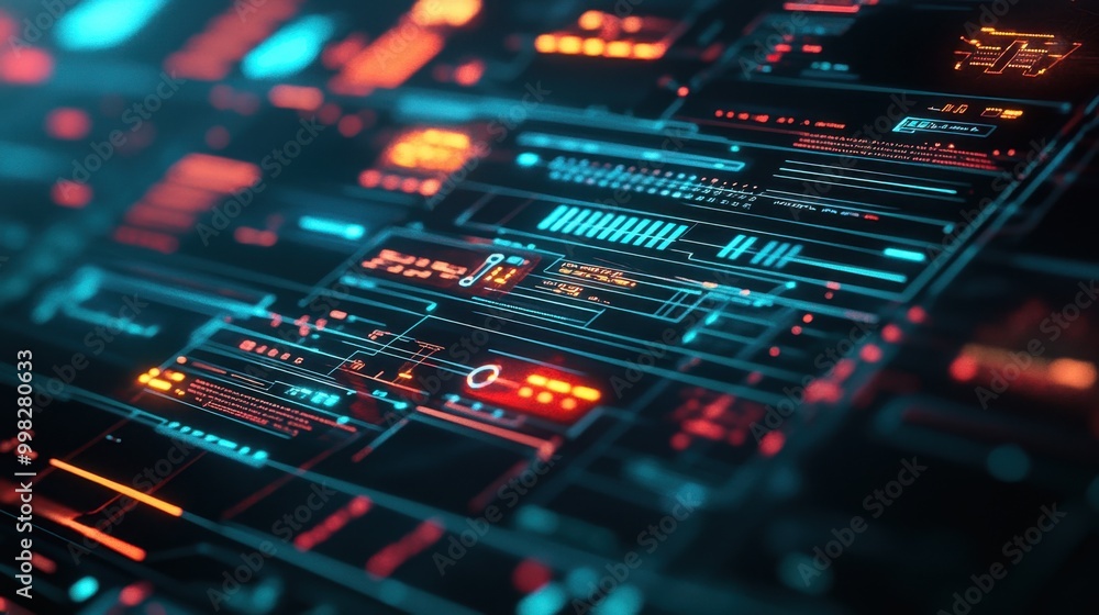 High-tech project planning with AI data integration, seamless task management in a glowing night interface. High-tech project planning with AI data integration, seamless task management in a glowing night interface.