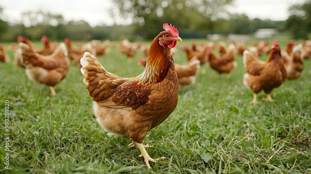 Fototapeta premium A vibrant brown chicken confidently struts across a green pasture surrounded by flock.
