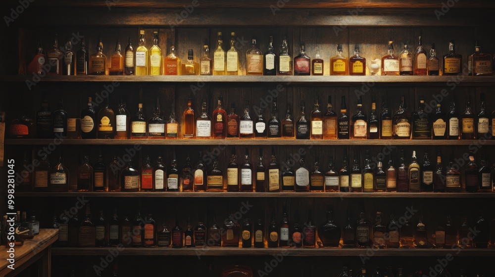Wooden shelves filled with bottles of different liquids, arranged in an orderly fashion in a dimly lit warehouse. Wooden shelves filled with bottles of different liquids, arranged in an orderly fashion in a dimly lit warehouse.
