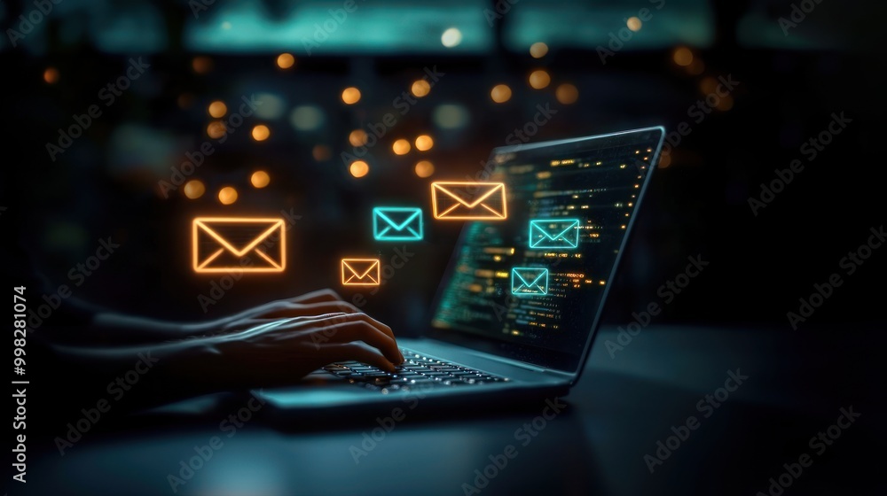 Hands typing on a laptop with glowing digital envelopes and an email icon in the foreground, symbolizing email marketing, online communication, digital marketing Hands typing on a laptop with glowing digital envelopes and an email icon in the foreground, symbolizing email marketing, online communication, digital marketing