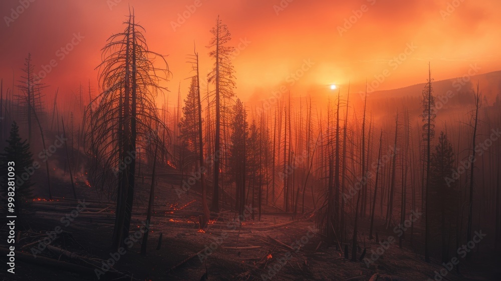 Fototapeta premium A haunting sunset over a forest landscape, with smoky skies and burned trees, creating an eerie yet beautiful atmosphere.