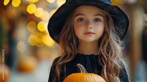 Young girl with long hair wearing a witch hat and holding a pumpkin.