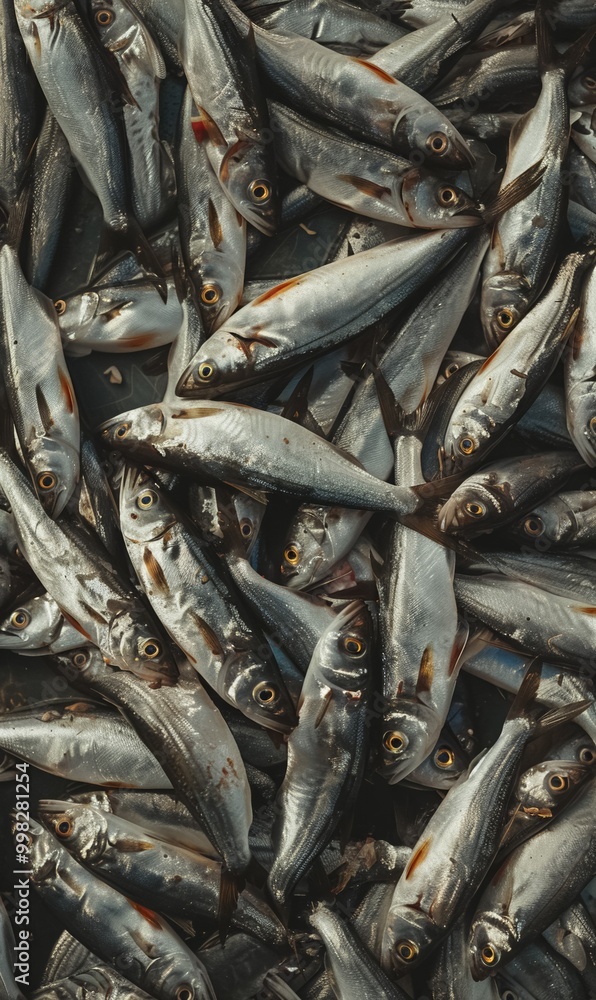 Fototapeta premium pile of freshly caught silver fish on ice at the market, texture of seafood background, freshness and the ocean's bounty creative backdrop