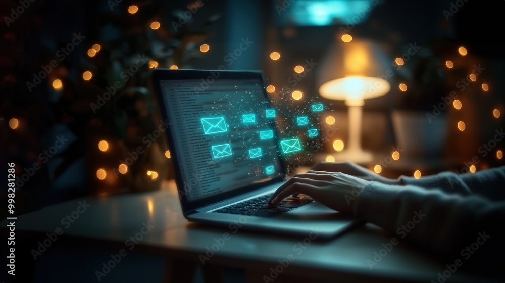 Fototapeta premium A person typing on their laptop with an open glass screen showing glowing blue and green mail icons in the background, representing email marketing, digital communication, email marketing