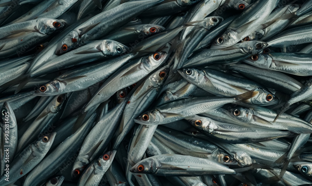Fototapeta premium pile of freshly caught silver fish on ice at the market, texture of seafood background, freshness and the ocean's bounty creative backdrop