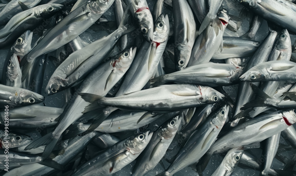 Fototapeta premium pile of freshly caught silver fish on ice at the market, texture of seafood background, freshness and the ocean's bounty creative backdrop