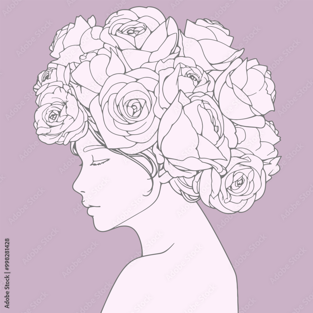 Floral woman portrait. Beauty lady with rose flowers. Vector line art illustration. Floral woman portrait. Beauty lady with rose flowers. Vector line art illustration.