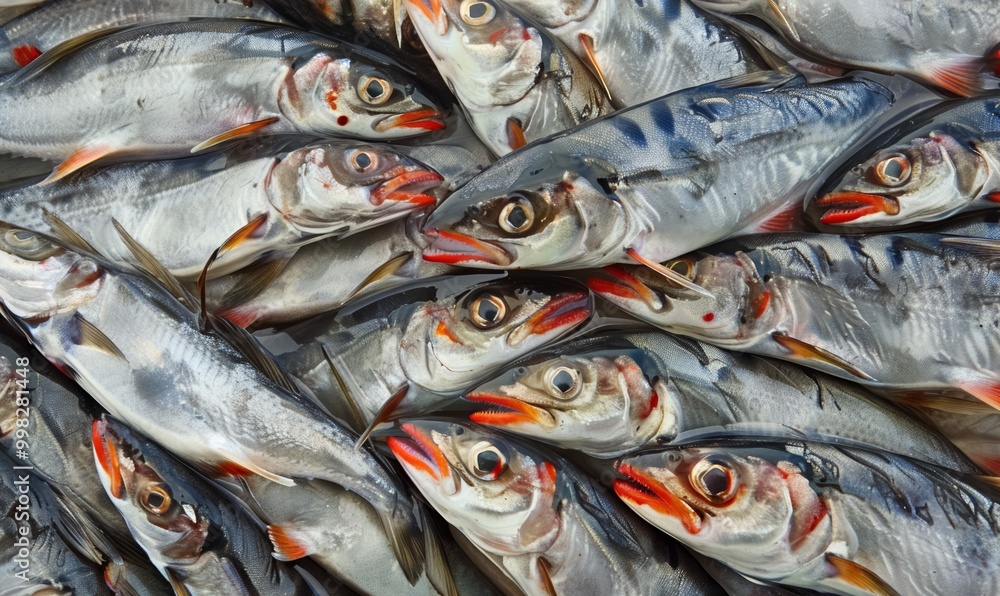 pile of freshly caught silver fish on ice at the market, texture of seafood background, freshness and the ocean's bounty creative backdrop pile of freshly caught silver fish on ice at the market, texture of seafood background, freshness and the ocean's bounty creative backdrop