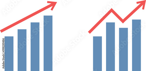 Set of graphs, set of bar charts. Graph going up sign with and red arrows vector set. Vector illustration