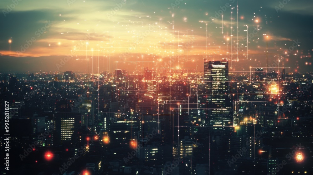 Fototapeta premium Illuminated cityscape overlaid with digital connections, showcasing the global market for electronics and IT.