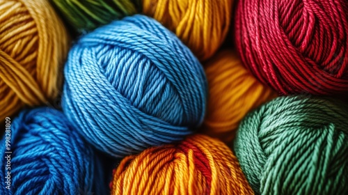 Thick, colorful yarn skeins in bold shades of blue, red, yellow, and green, tightly arranged in a close-up shot.