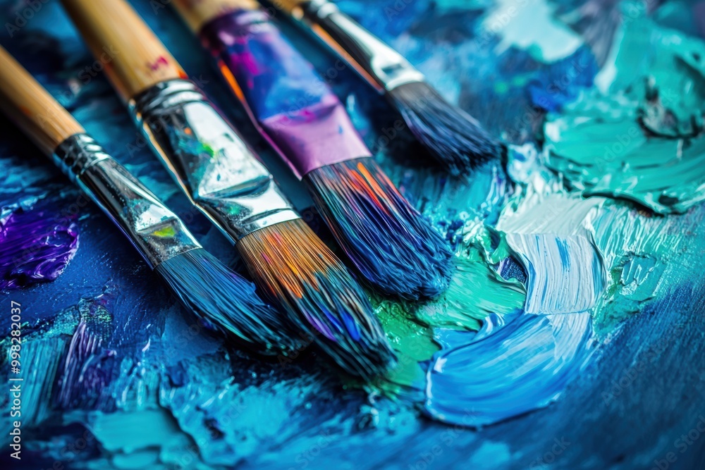Fototapeta premium Bright splashes of color on a palette accompany paintbrushes on a canvas, illustrating a dynamic abstract art creation process. Generative AI