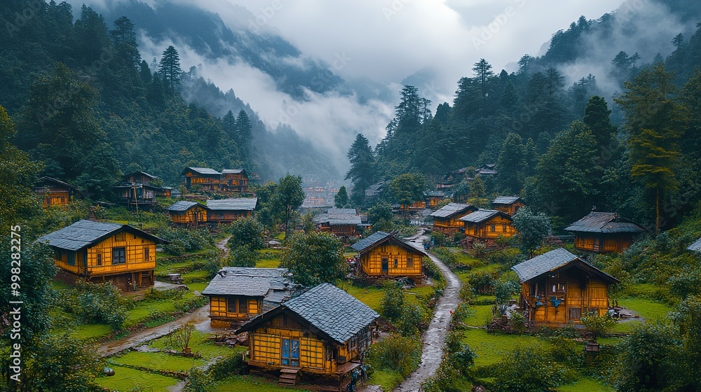 Mountain Village in the Himalayas - Foggy Landscape Mountain Village in the Himalayas - Foggy Landscape