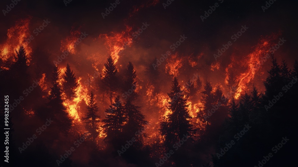 Intense nighttime forest fire, with flames engulfing trees and dramatic smoke billowing into the sky, highlighting an environmental disaster. Intense nighttime forest fire, with flames engulfing trees and dramatic smoke billowing into the sky, highlighting an environmental disaster.