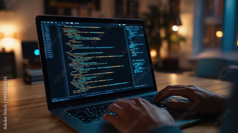Laptop screen displaying code, with a tech programmer typing, representing cloud computing and cybersecurity. Laptop screen displaying code, with a tech programmer typing, representing cloud computing and cybersecurity.