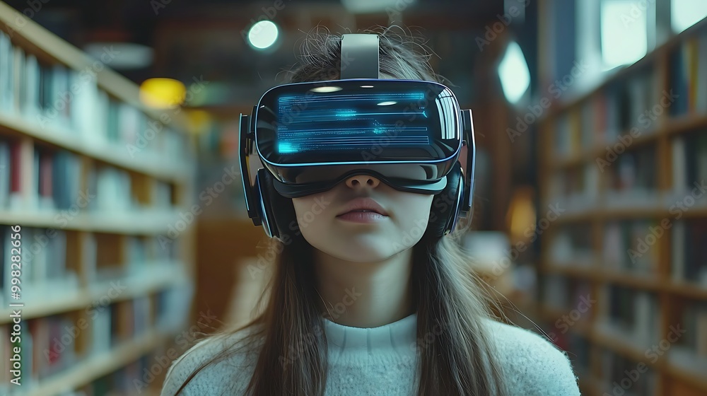 School student with VR headset using AI artificial intelligence technology & machine learning. Interactive technology in classroom. Innovation & smart tech. AI blue hologram in education