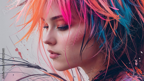 Portrait of a woman with multicolored hair, closeup portrait