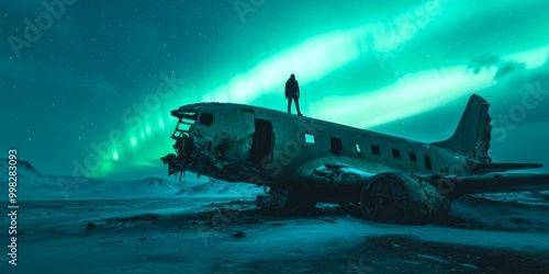 Wallpaper Mural A lone figure stands atop a vintage airplane wreck against a backdrop of vibrant northern lights. This surreal scene evokes mystery and adventure. Ideal for travel and exploration themes. AI Torontodigital.ca