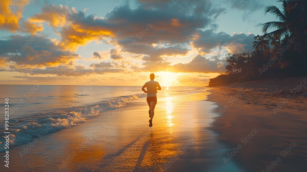 Fototapeta premium Fit male runner jogging on a beach at sunset, creating a serene and inspiring atmosphere.