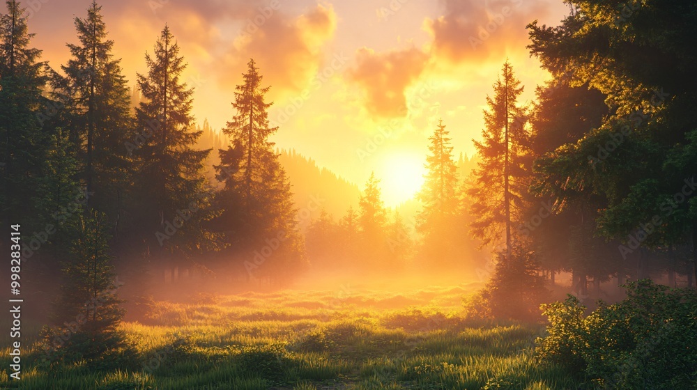 A misty sunrise through tall trees in a forest. A misty sunrise through tall trees in a forest.