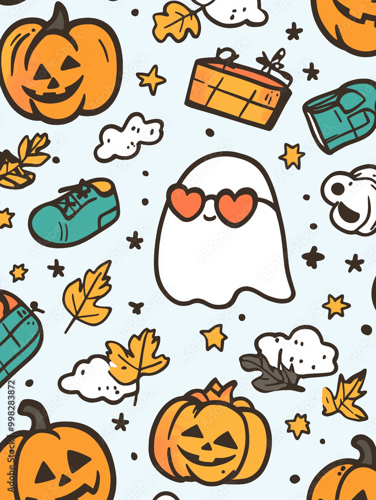 Halloween-Themed Pattern with Pumpkins, Ghosts, and Leaves in Black and Orange Halloween-Themed Pattern with Pumpkins, Ghosts, and Leaves in Black and Orange