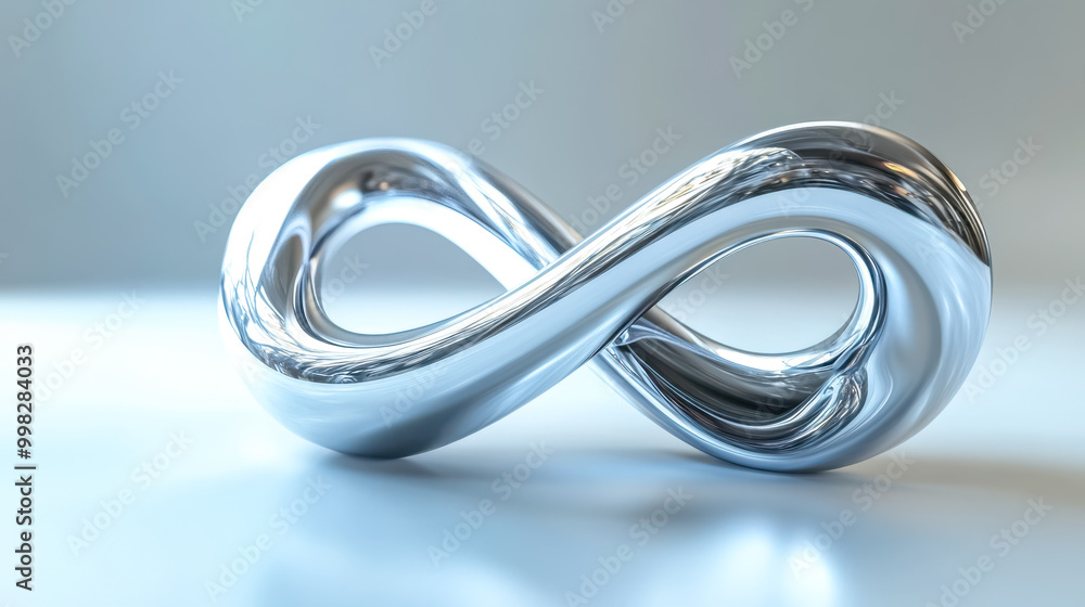 Chrome infinity symbol looping continuously on reflective surface