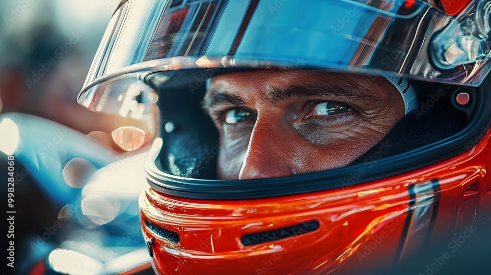 Close-up of a focused male race car driver in an orange helmet with intense blue eyes.