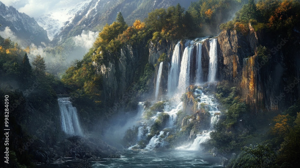 Fototapeta premium Majestic Waterfall Cascading Down a Mountainside Amidst Lush Foliage and Mist