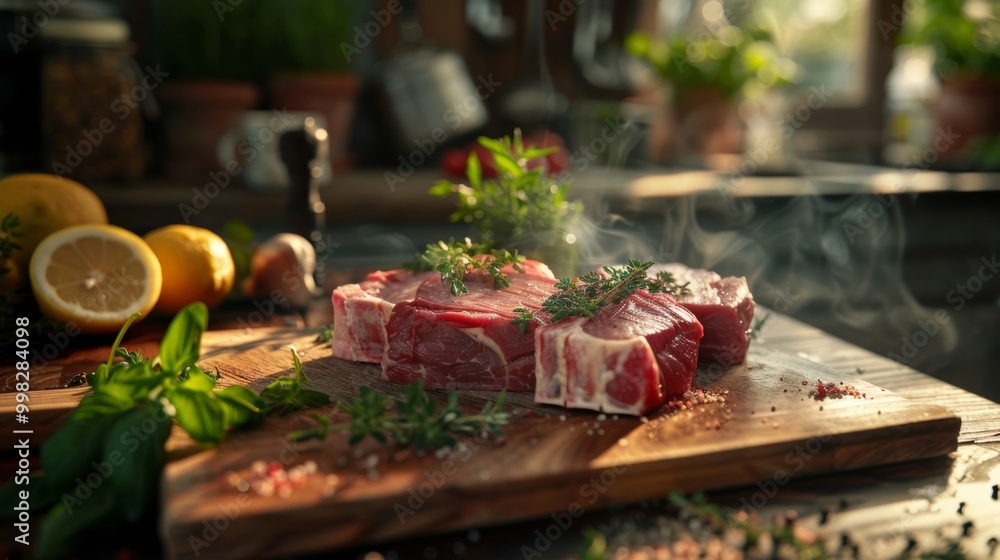 Freshly Cut Steak with Herbs and Spice on Wooden Board in Kitchen Freshly Cut Steak with Herbs and Spice on Wooden Board in Kitchen