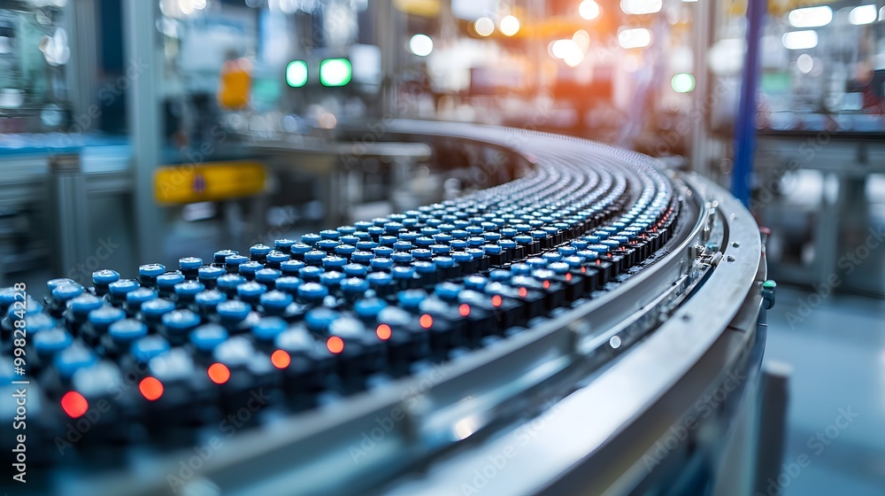 Close-up view of a beverage production line with bottles on a conveyor belt. Close-up view of a beverage production line with bottles on a conveyor belt.