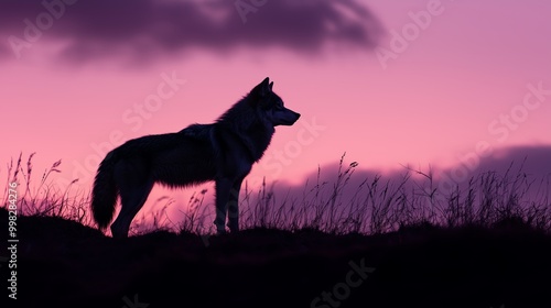 Lone Wolf Silhouette on Hill at Dusk