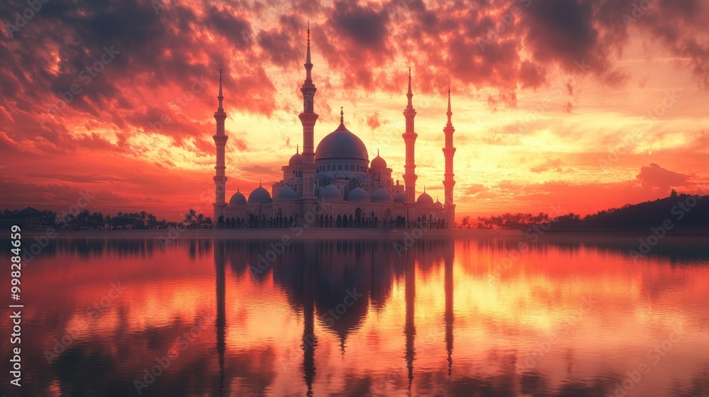 Fototapeta premium Mosque at sunset, mirrored on calm waters with a breathtaking sky, symbolizing peace and serenity.